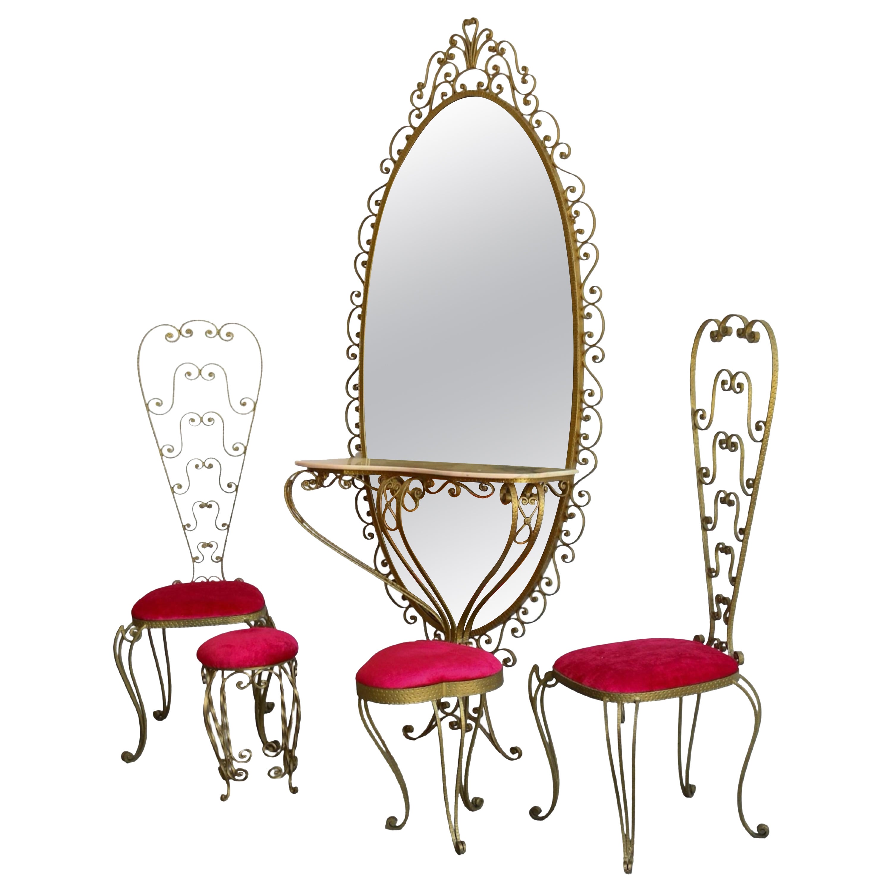 Pierluigi Colli Marble Console Mirror Set with Chairs and Stool For Sale