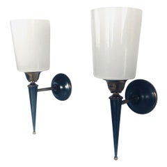 Vintage Design Brass & Opaline Glass Sconce Wall Lamp Set, France 1950's