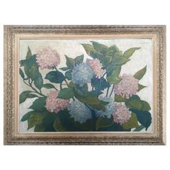 Large Oil on Panel from Valmier, 1944, Representing a Bouquet of Hydrangeas