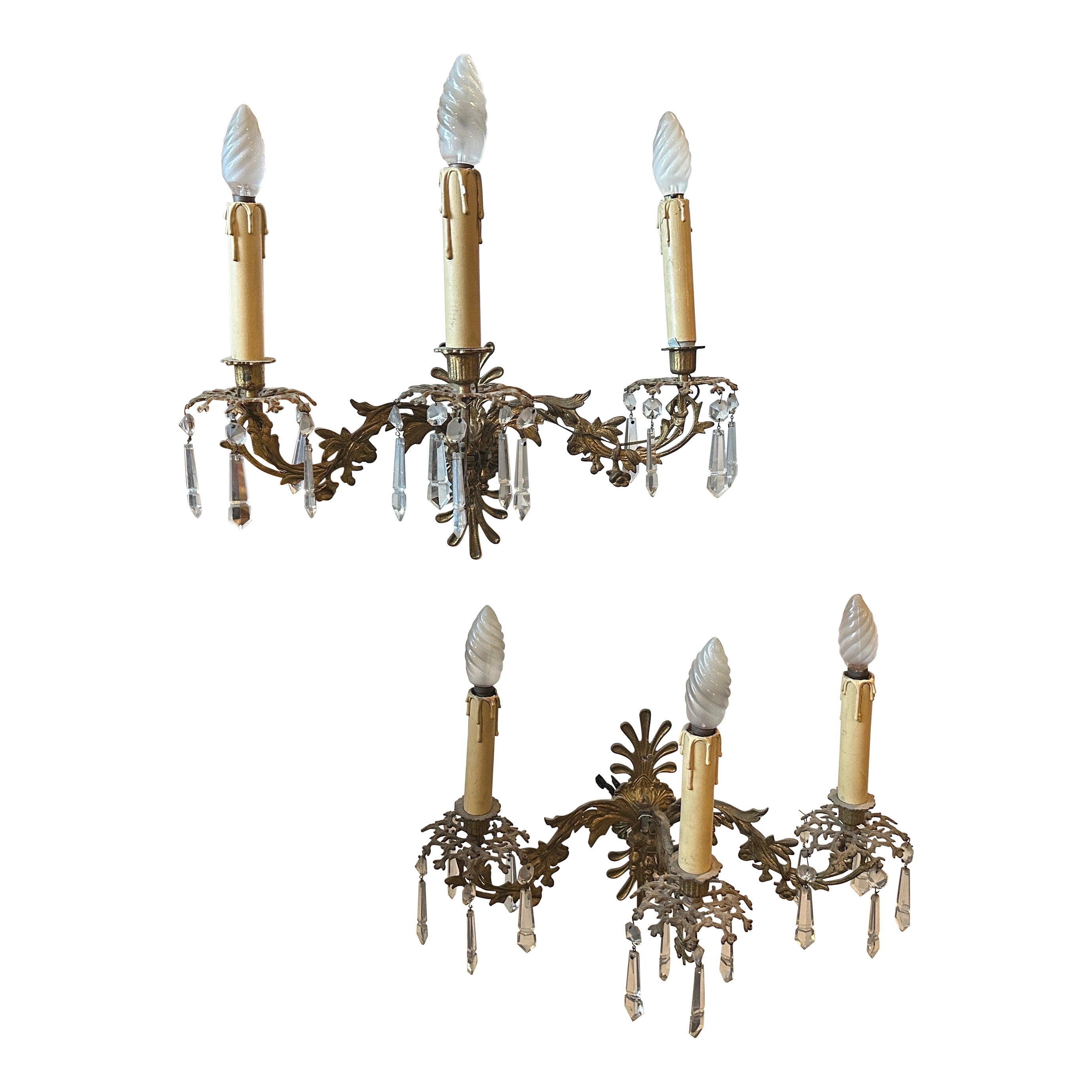 A Pair of Art Nouveau Gilded Iron and Cristal Sicilian Wall Sconces