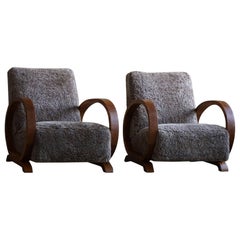 Pair of Danish Art Deco Lounge Chairs, Reupholstered, Lambswool & Walnut, 1930s