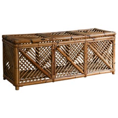 Bamboo storage bench with geometric cane patterns, 1980s
