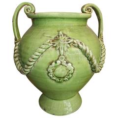 Neoclassic Urn / Vase, Large green pottery urn w terracotta finish inside 