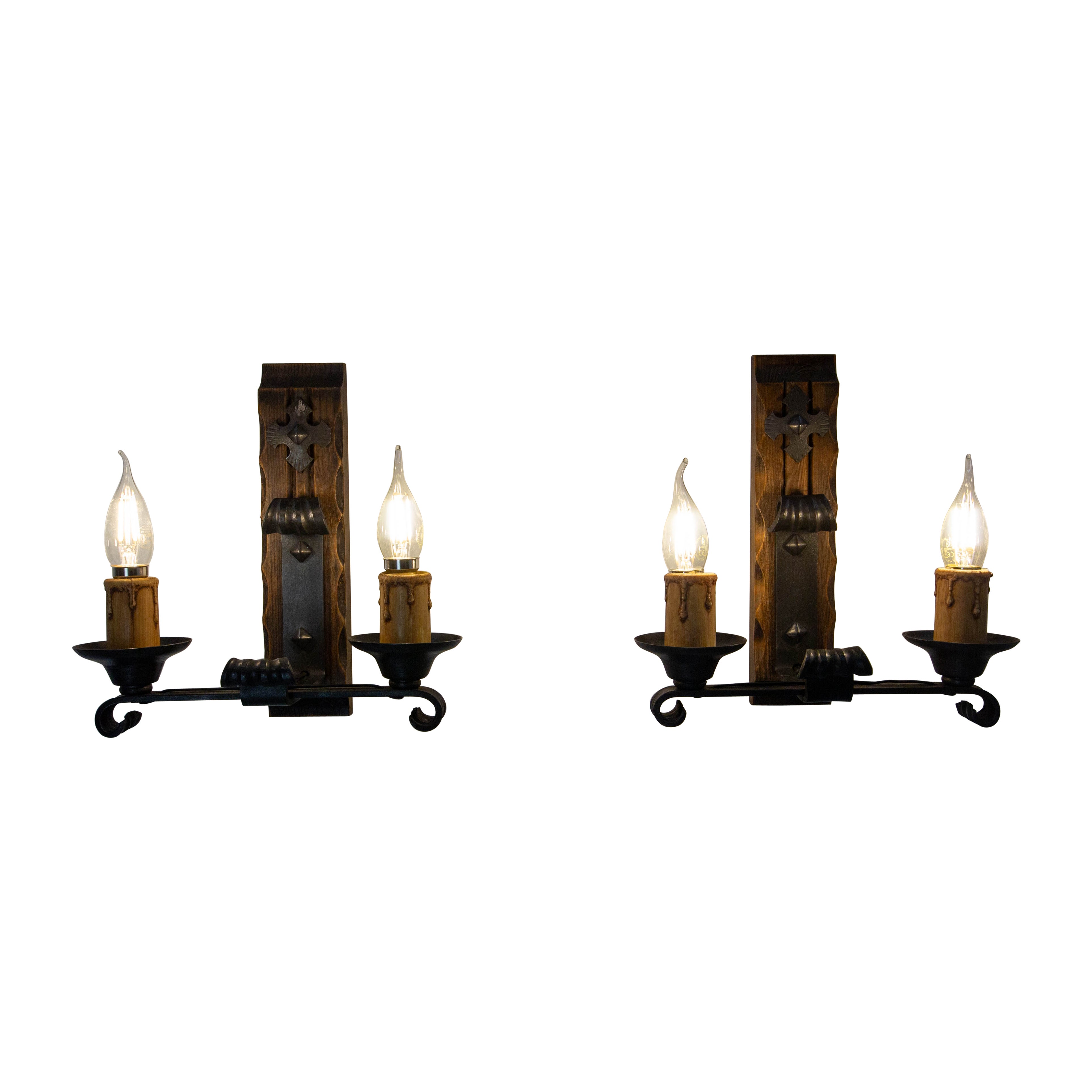 Paar Kiefer & Schmiedeeisen Double Sconces Wall Lights Französisch, 1960