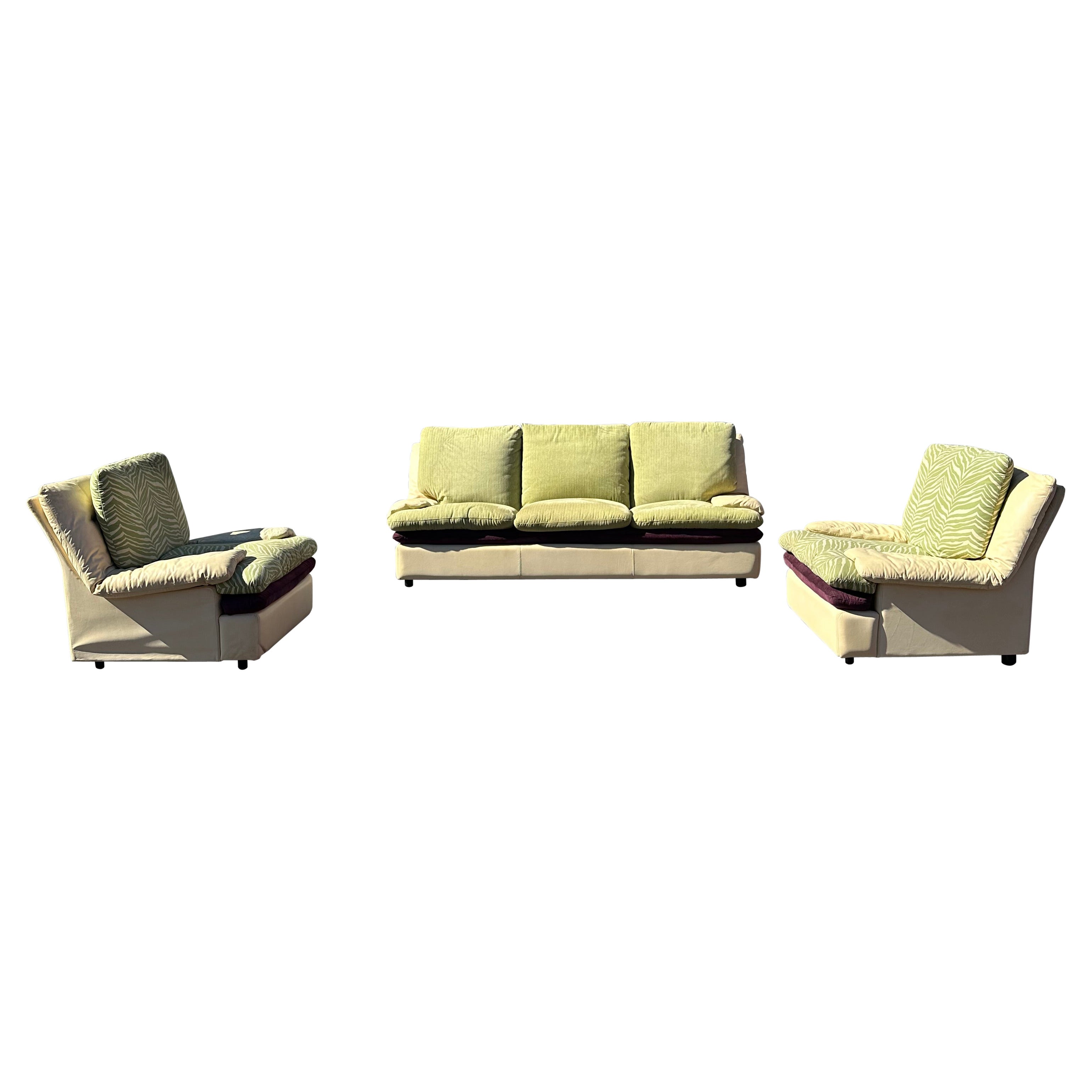 Post Modern Roche Bobois Beige Leather Purple Green Zebra Sofa and Chairs
