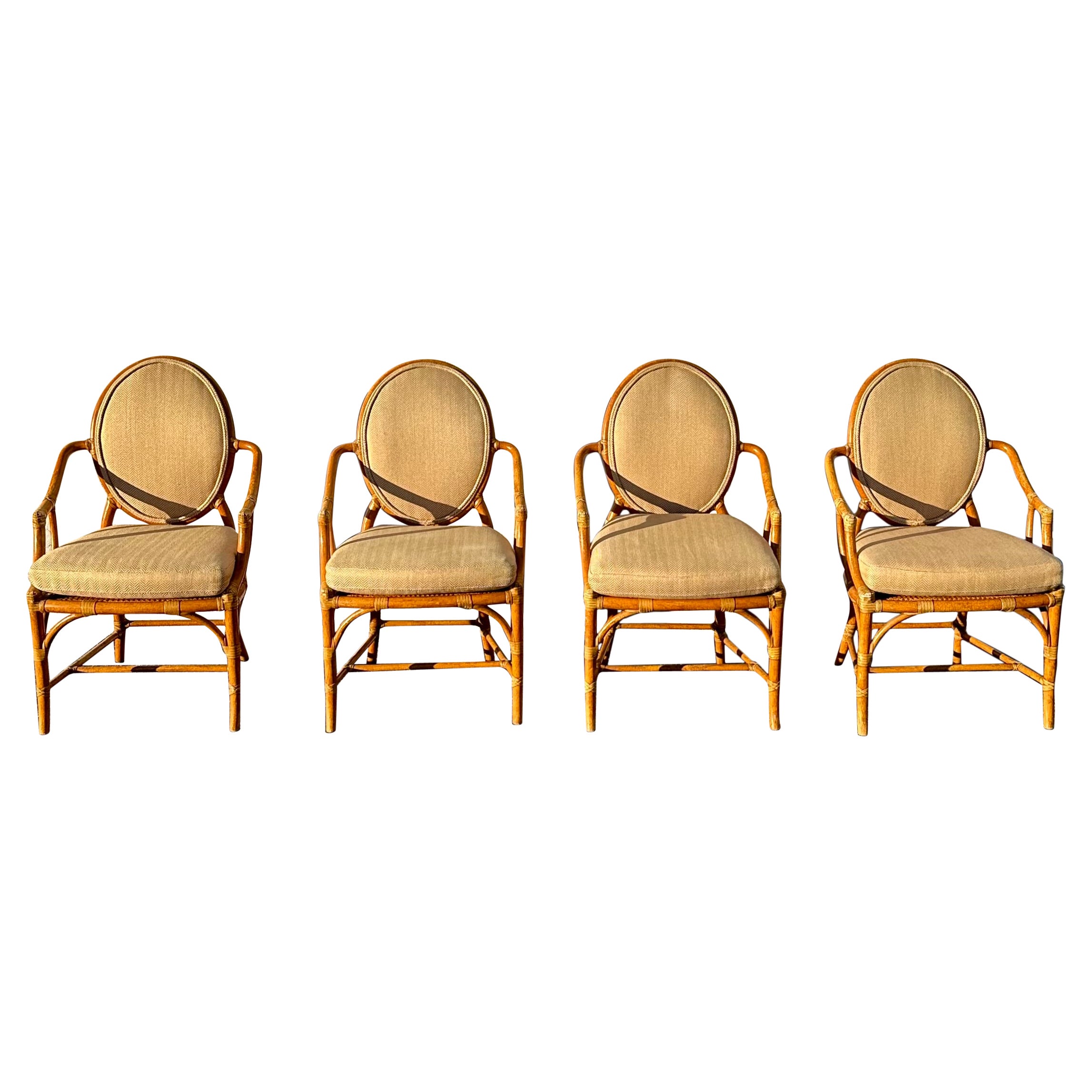 1980s McGuire Beige Gold Herringbone Rattan Chairs, Set of 4 For Sale
