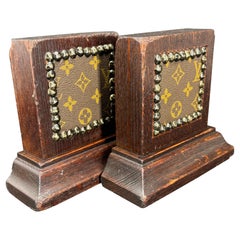 Antique Pair of Early Bookends with Louis Vuitton Monogram Fabric