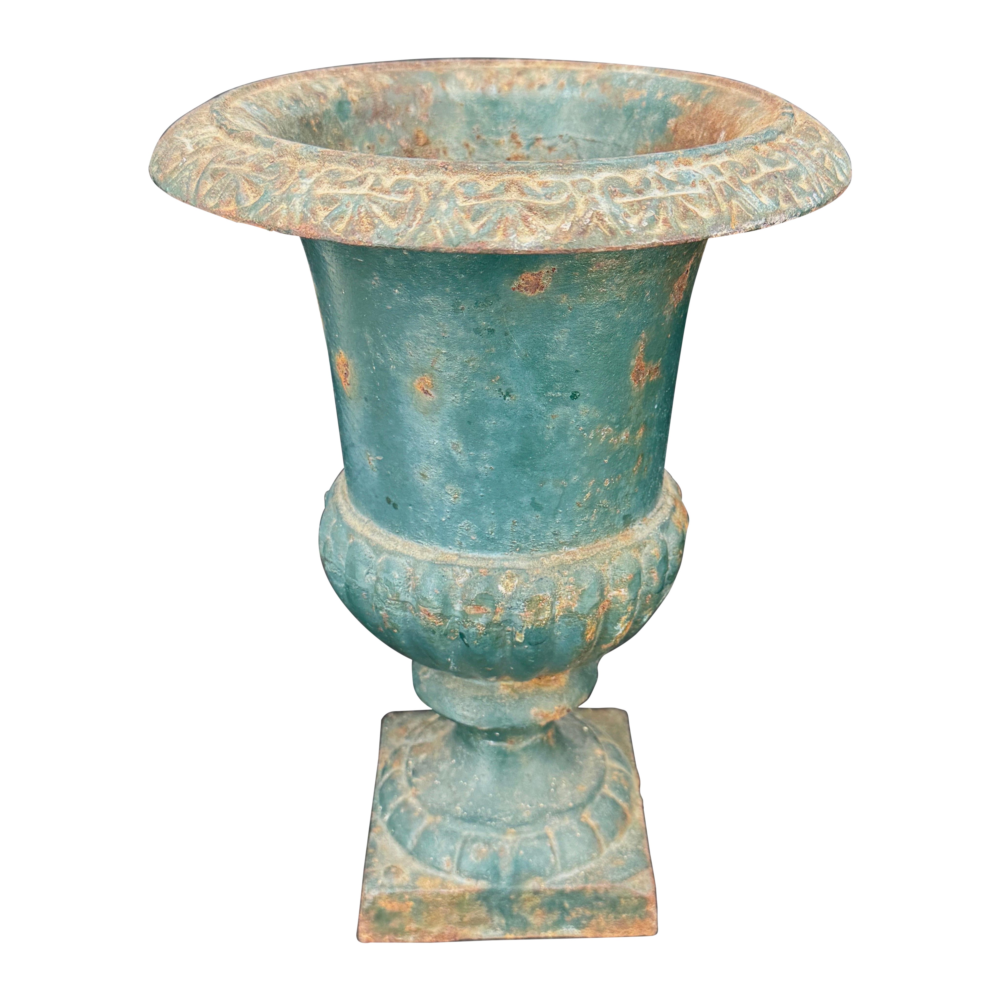 French Cast Iron Green Painted Garden Urn Planter For Sale