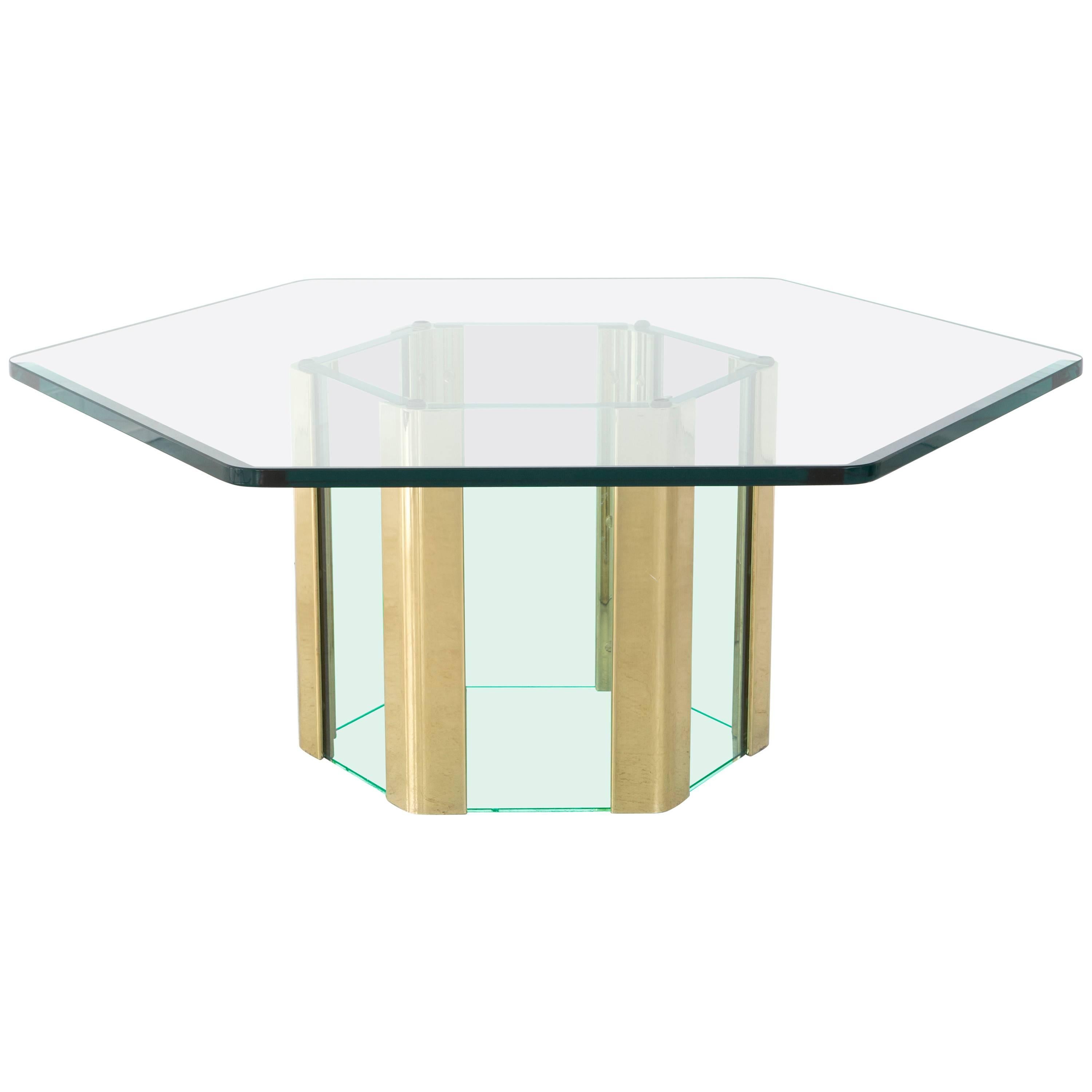 Hollywood Regency Mid-Century Hexagon Shaped Glass & Brass Coffee Table by Pace 