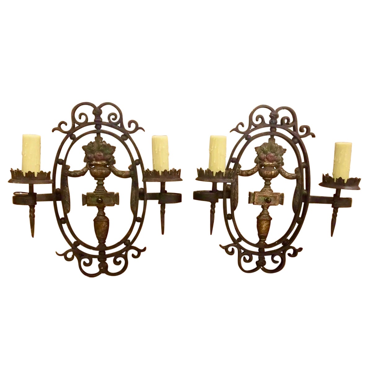 Pair of Antique French Polychromed Wrought and Cast Iron Wall Sconces