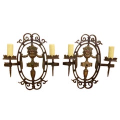Pair of Antique French Polychromed Wrought and Cast Iron Wall Sconces