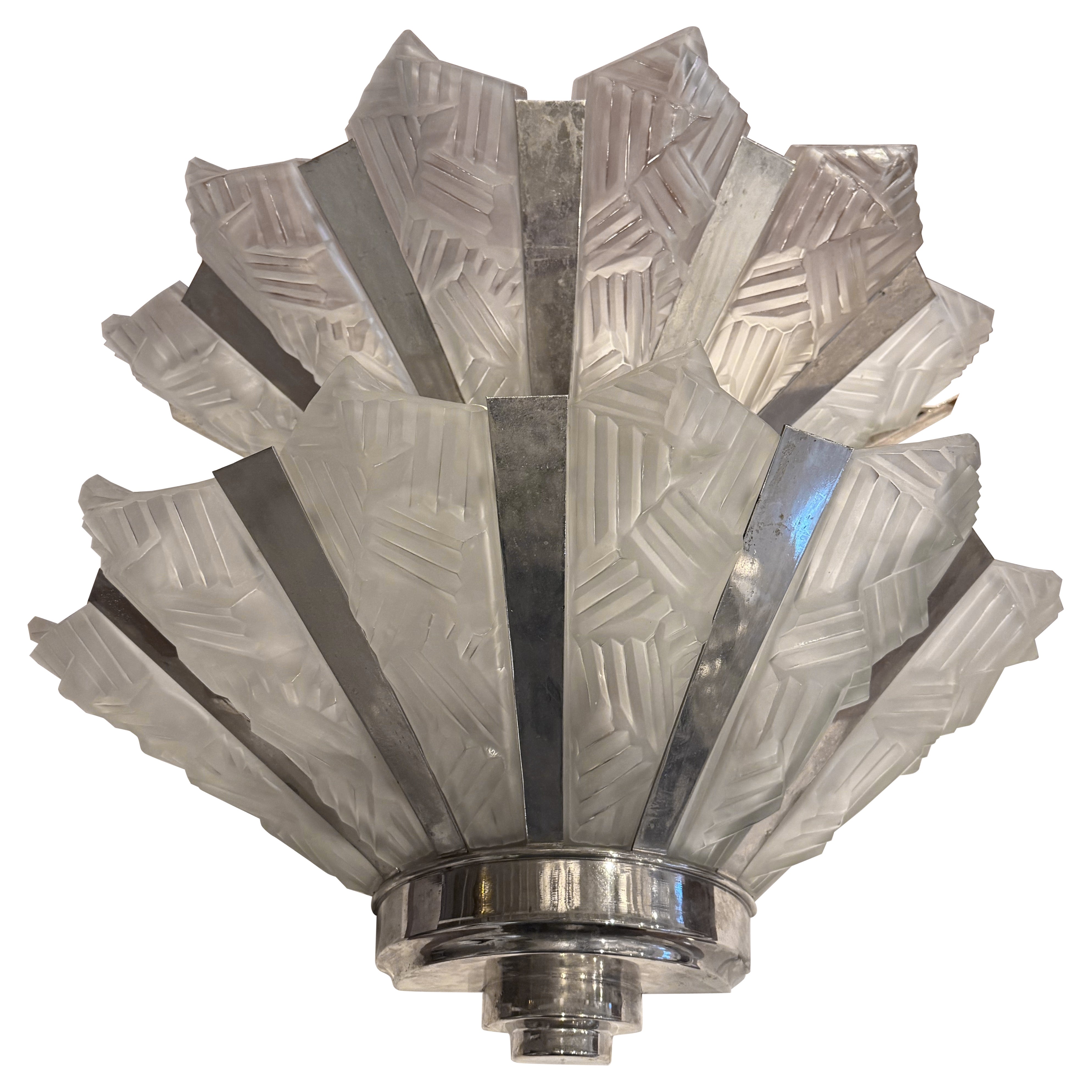 Grand Pair of French Art Deco Geometric Wall Sconces by Degue For Sale