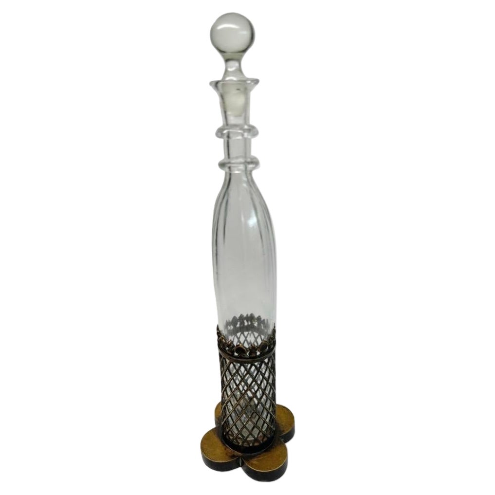 Antique Crystal and Bronze Flask, Neo-Gothic Style, Charles X Era, 19th Century For Sale