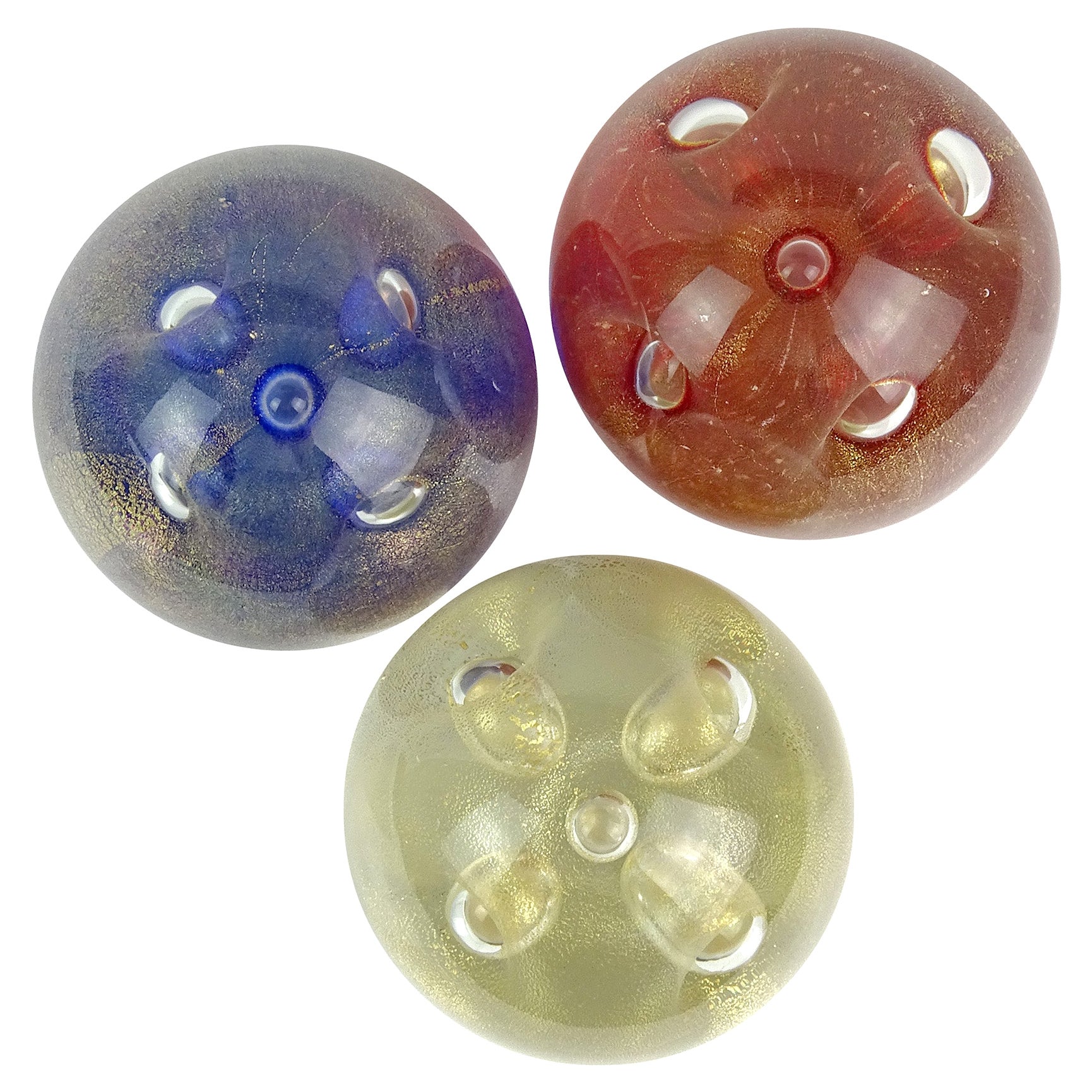 Barbini Murano Red Blue Gold Flecks Italian Art Glass Bubble Design Presse-papiers
