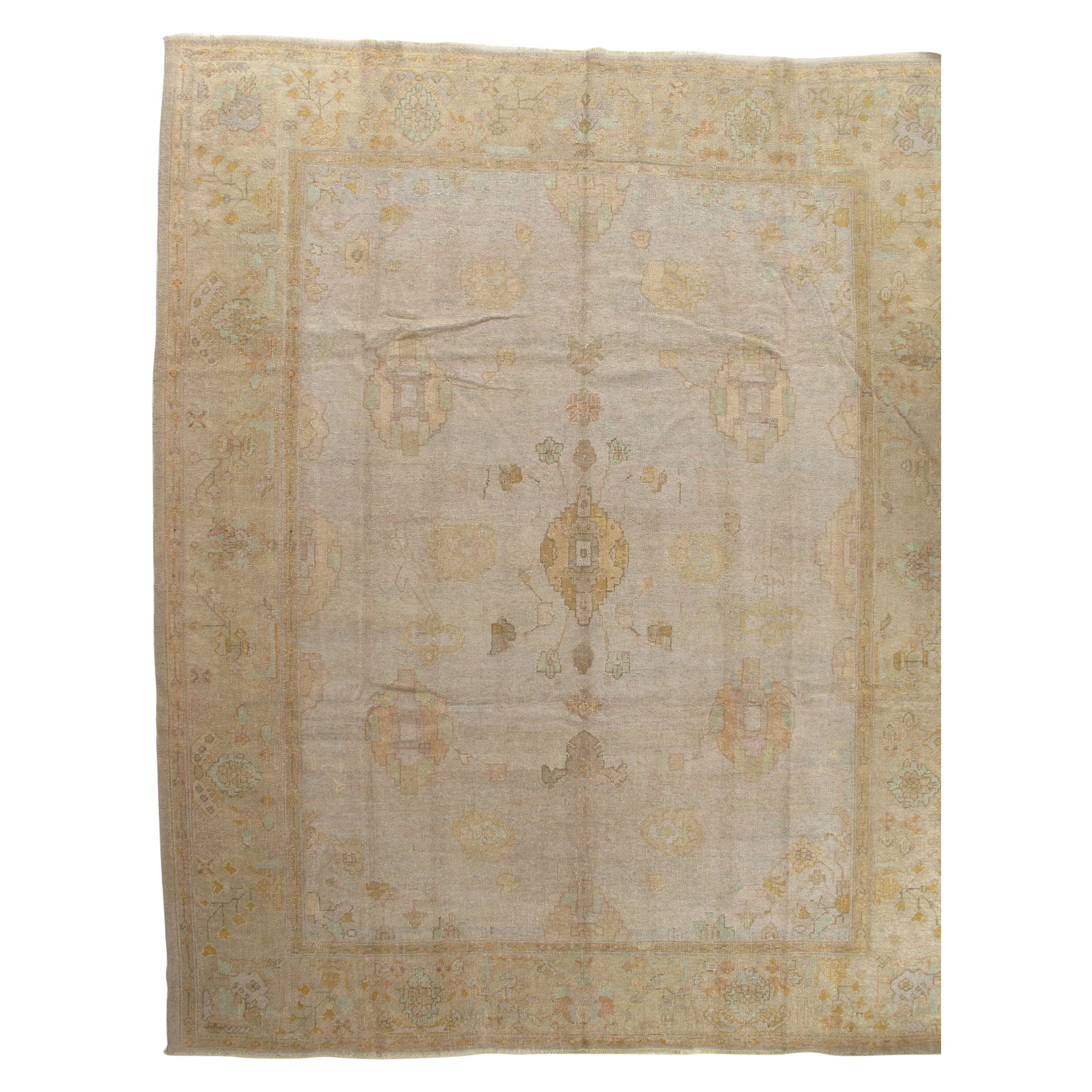 Tapis antique d'Oushak, tapis turc oriental fait à la main, beige, taupe, jaune doux
