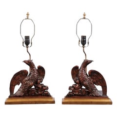 Antique 19th Century English Pair Carved Walnut Eagle Lamps With Gilded Bases