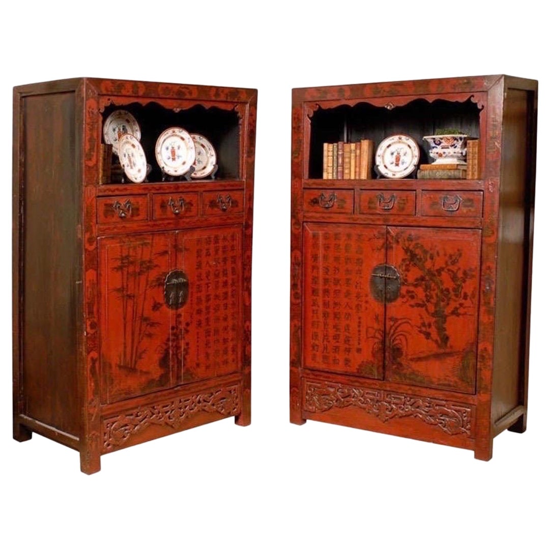 19th Century Chinese Companion Pair of Chinoiserie Style Painted Cabinets