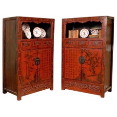 19th Century Chinese Companion Pair of Chinoiserie Style Painted Cabinets