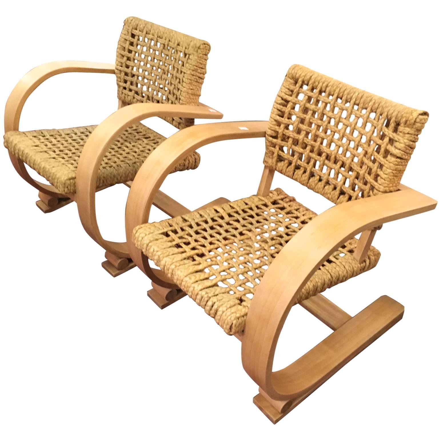 Audoux Minet for Vibo Pair of Blond Bentwood and Rope Chairs For Sale