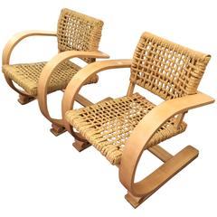 Audoux Minet for Vibo Pair of Blond Bentwood and Rope Chairs