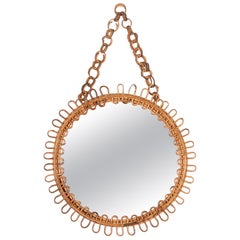 Franco Albini Curved Rattan and Bamboo Round Mirror with Chain, Italy 1960s