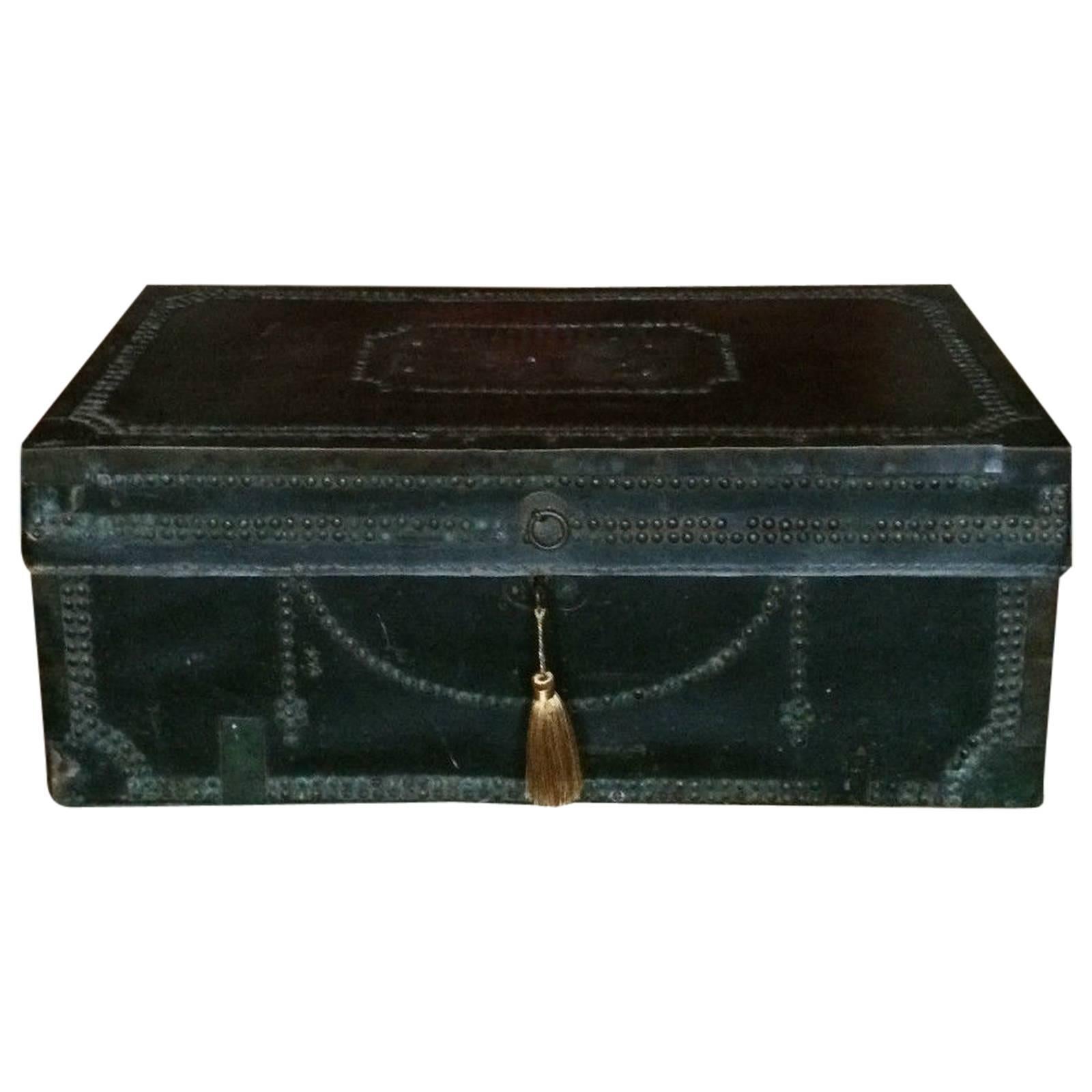 Antique Travel Trunk Chest Victorian Leather Brass Studded, 19th