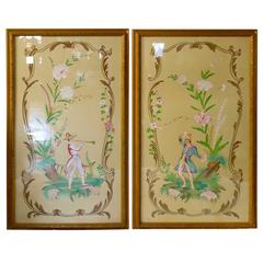 Pair of Lovely Large Asian Motif Watercolors on Silk