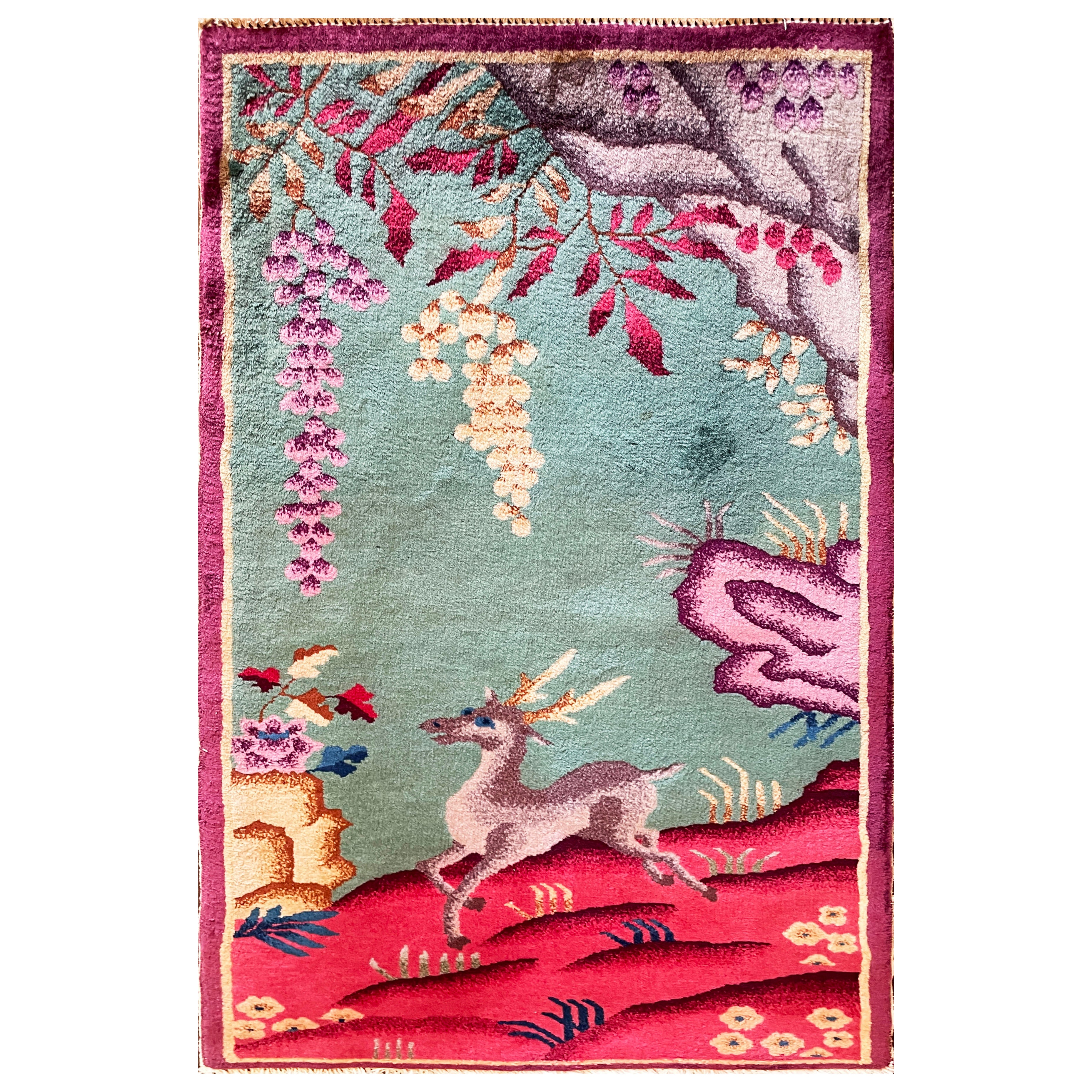 Antique Art Deco Chinese Rug, 2' x 4' c-1920, A Happy Dear. For Sale