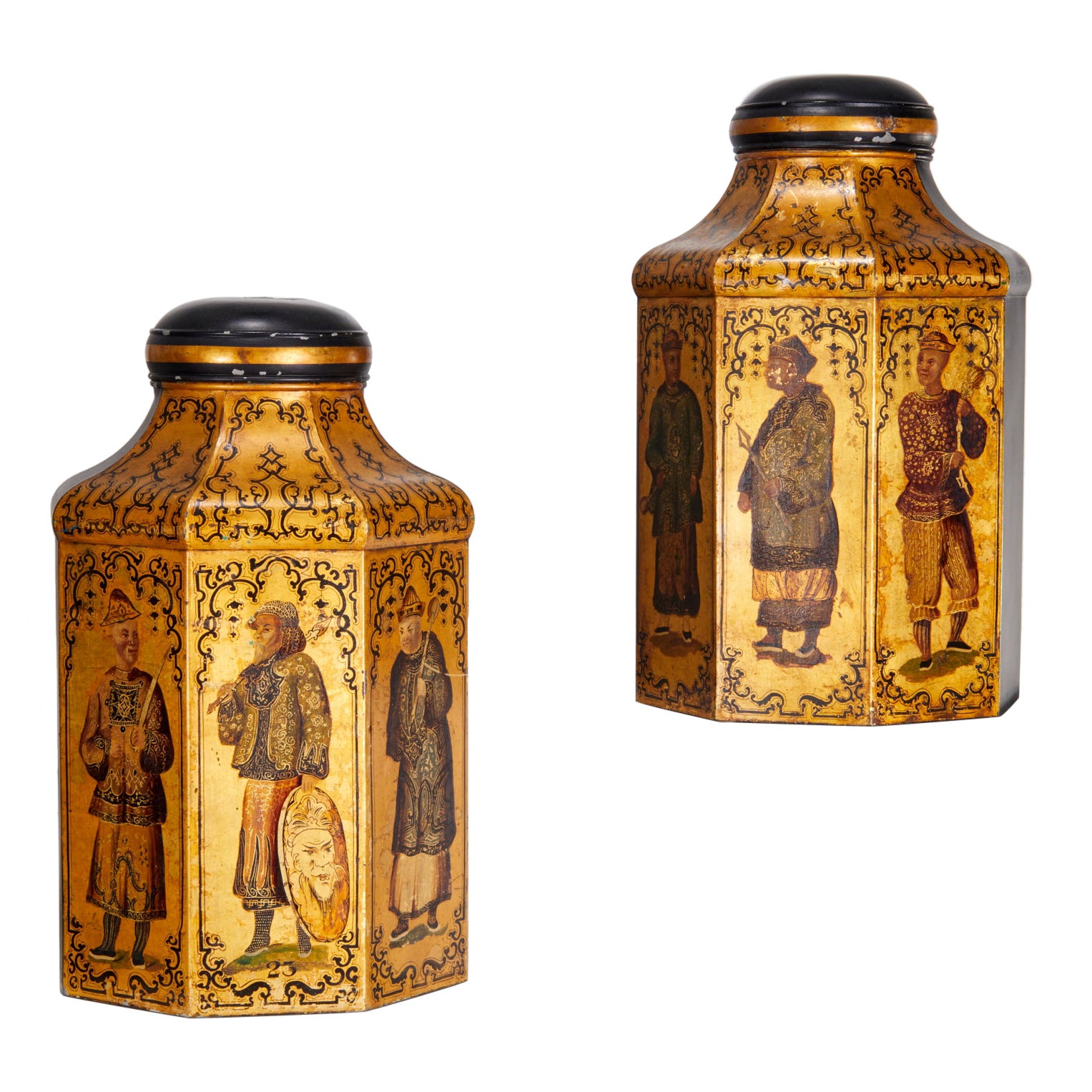 Rare Antique Pair of Very Large Victorian Chinoiserie Tole-ware Tea Canisters For Sale