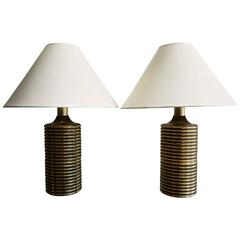 Pair of Substantial Ribbed Brass Lamps