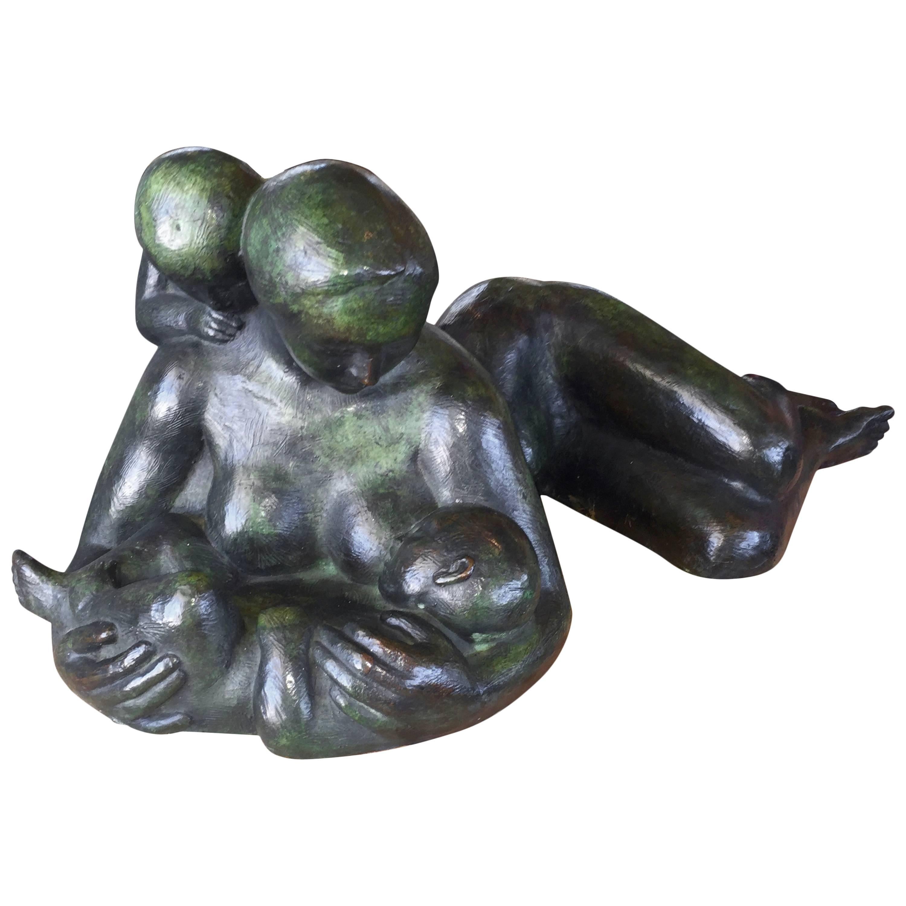 Frederico Cantu Large Impressive 1986, Bronze of a Mother Nursing For Sale