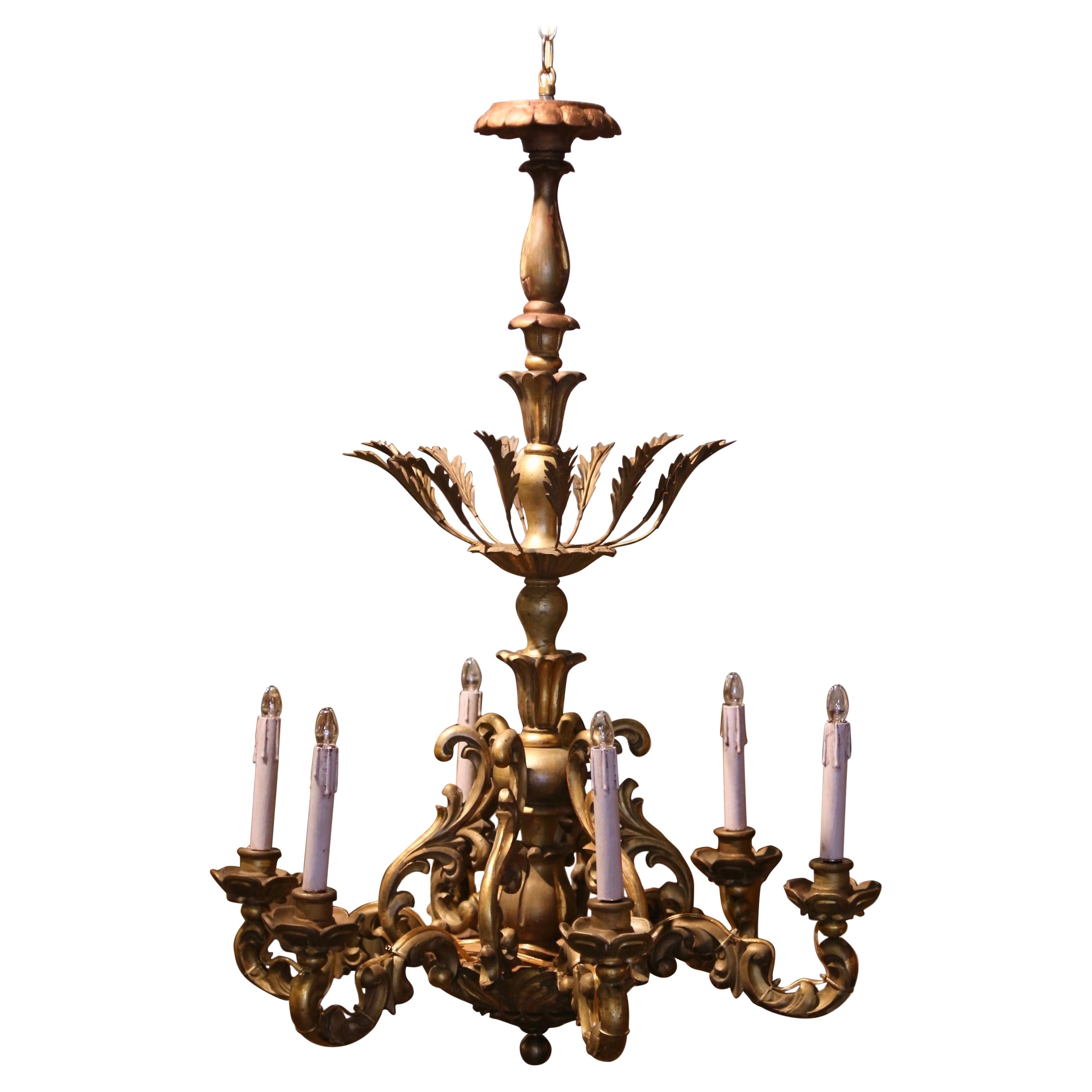 Early 20th Century French Rococo Carved Giltwood Six-Light Chandelier For Sale