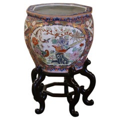 Mid-Century Chinese Octagonal Painted Porcelain Fish Bowl on Carved Walnut Stand