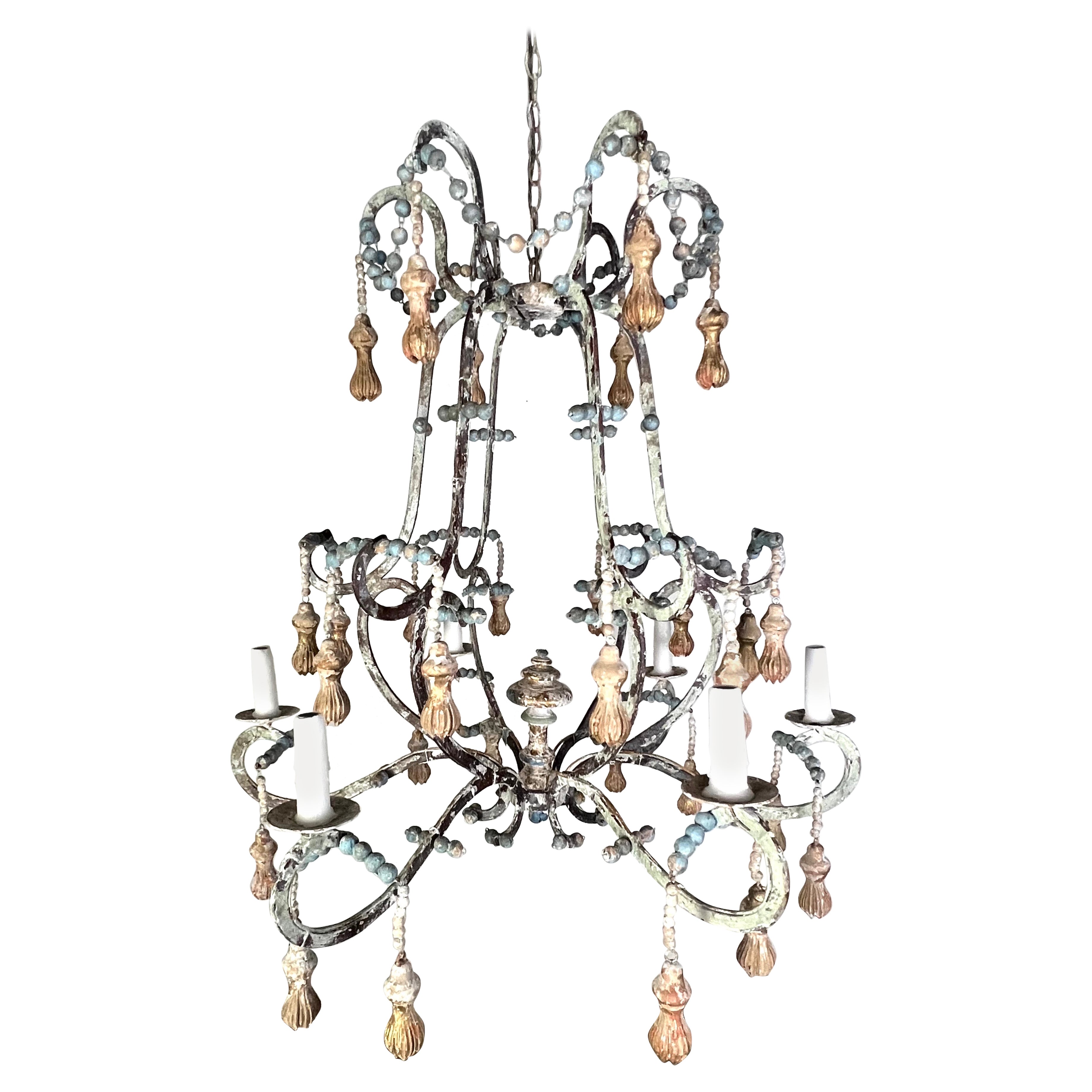Eight Light Painted Iron & Wood Beaded Chandelier by MLA