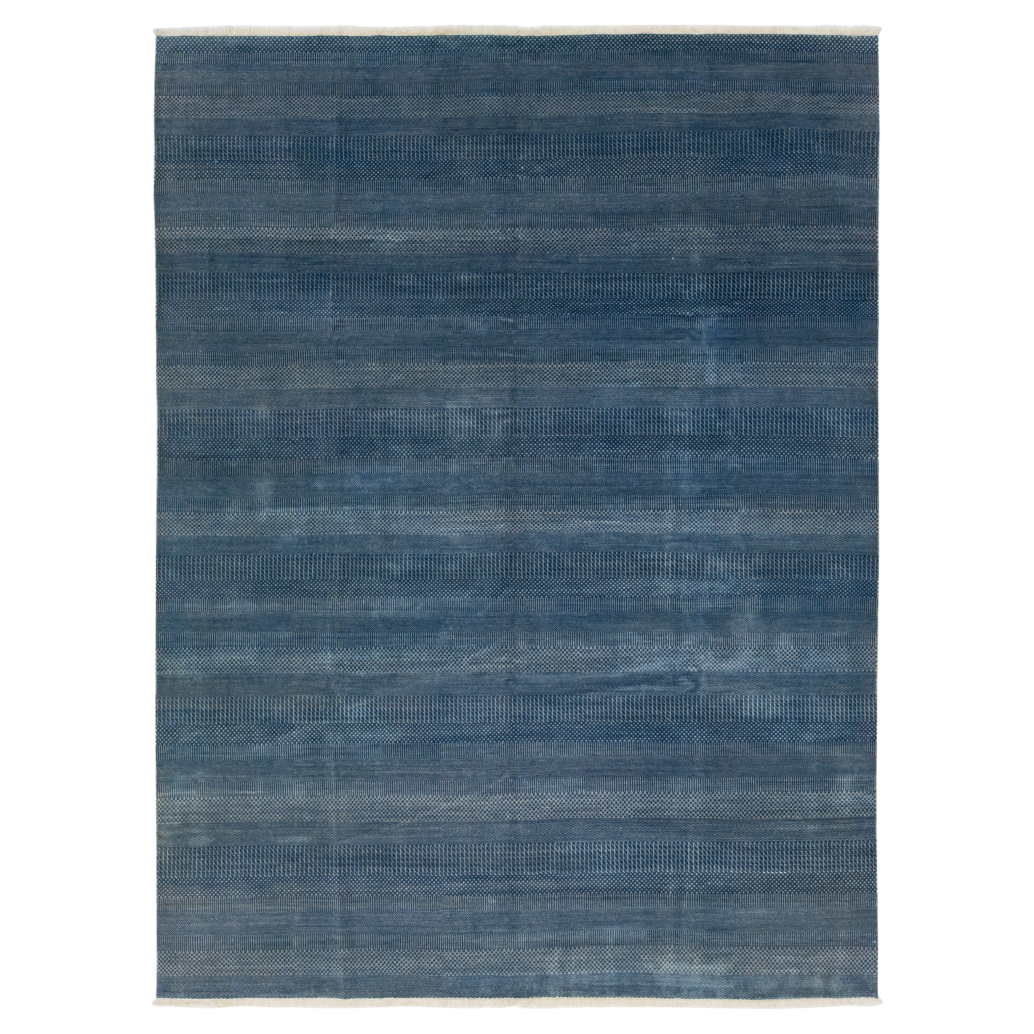 Modern Room Size Savannah Wool Rug Handmade in Blue With Geometric Pattern