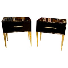 Modern Italian High Gloss Black Lacquered Side Tables with Brass Accents