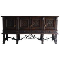 Large Antique Sideboard Credenza French Solid Oak Buffet Heavily Carved