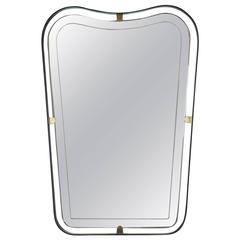 Large Italian Wall Mirror with Brass Buckles, Etched Mirror Bevelled, Milan 1950