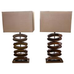 Pair of Patinated Metal Kovacs Lamps with New Shades