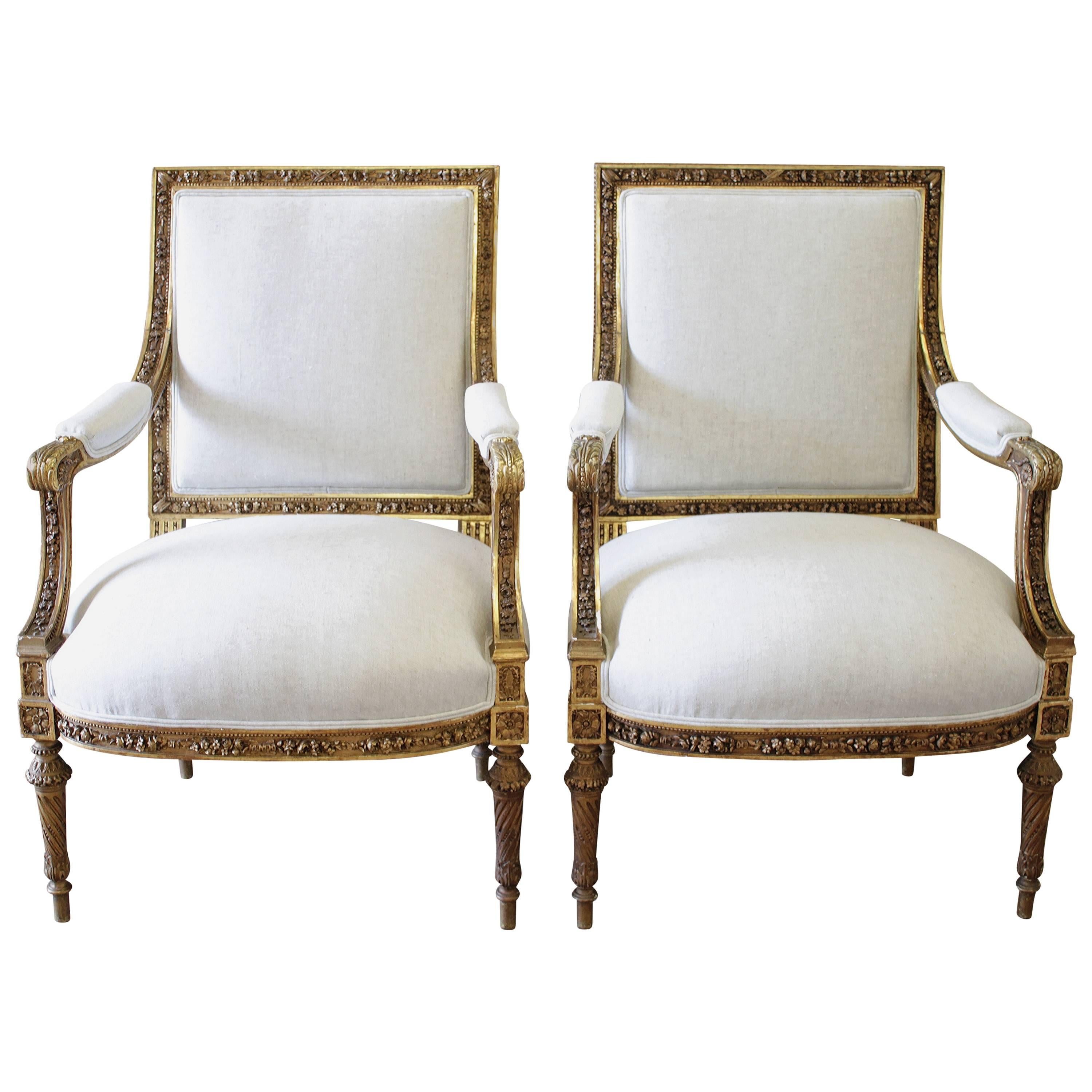Pair of 19th Century Louis XVI Carved Giltwood Chairs
