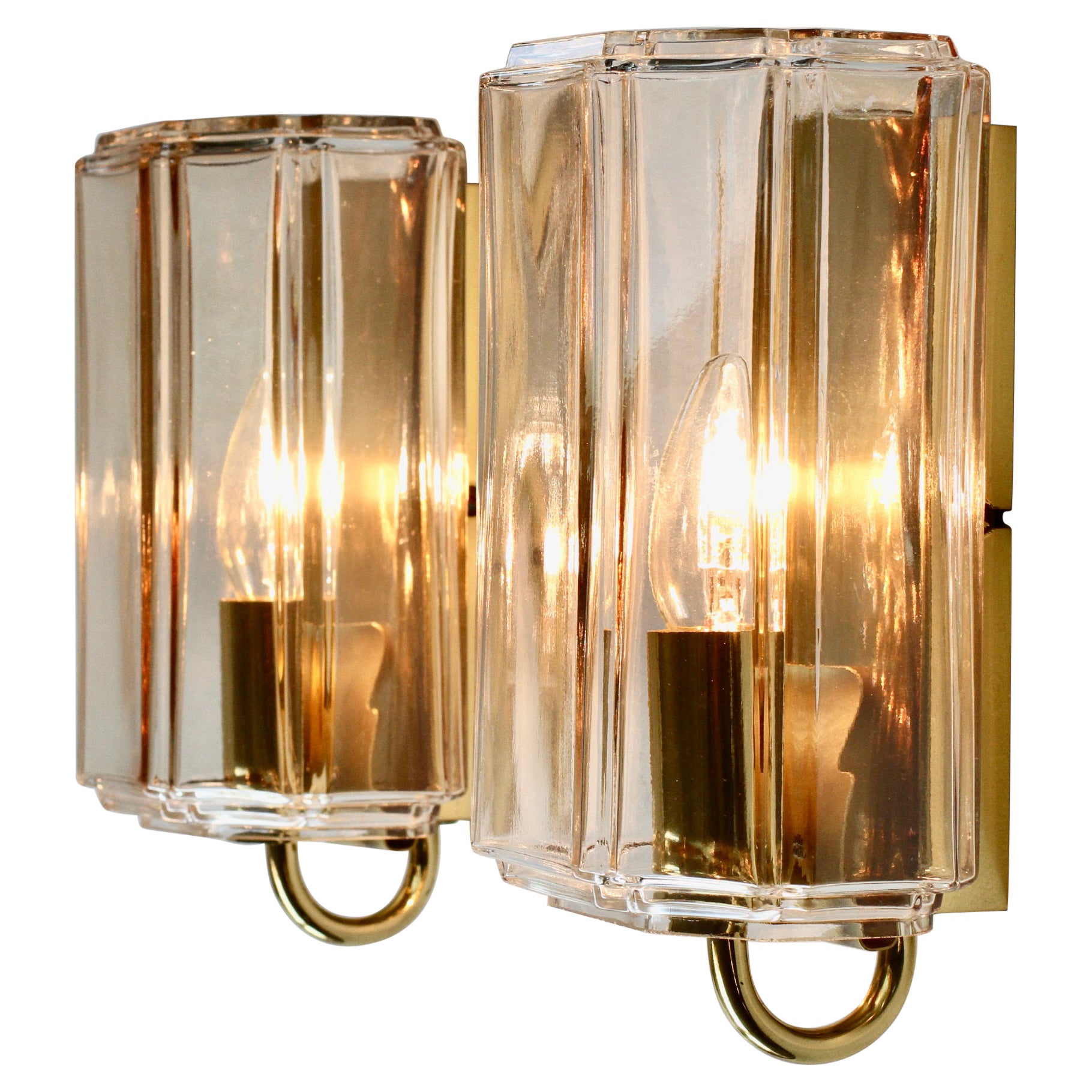 Limburg Pair of Vintage 1970s Smoked 'Topaz' Glass and Brass Wall Lights Lamps
