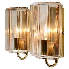 Limburg Pair of Vintage 1970s Smoked 'Topaz' Glass and Brass Wall Lights Lamps