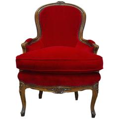 French Louis XV Carved Red Velvet Bergere