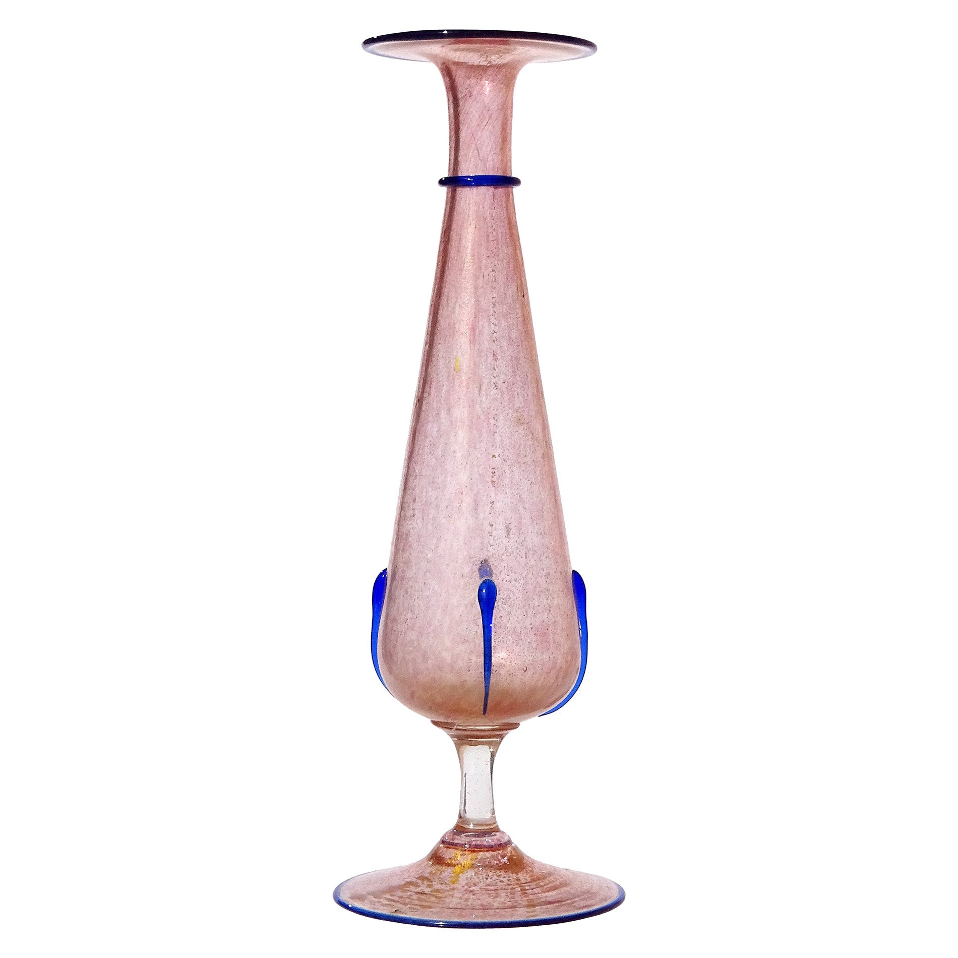 Antique Venetian Murano Pink Blue Rim Gold Flecks Italian Art Glass Flower Vase