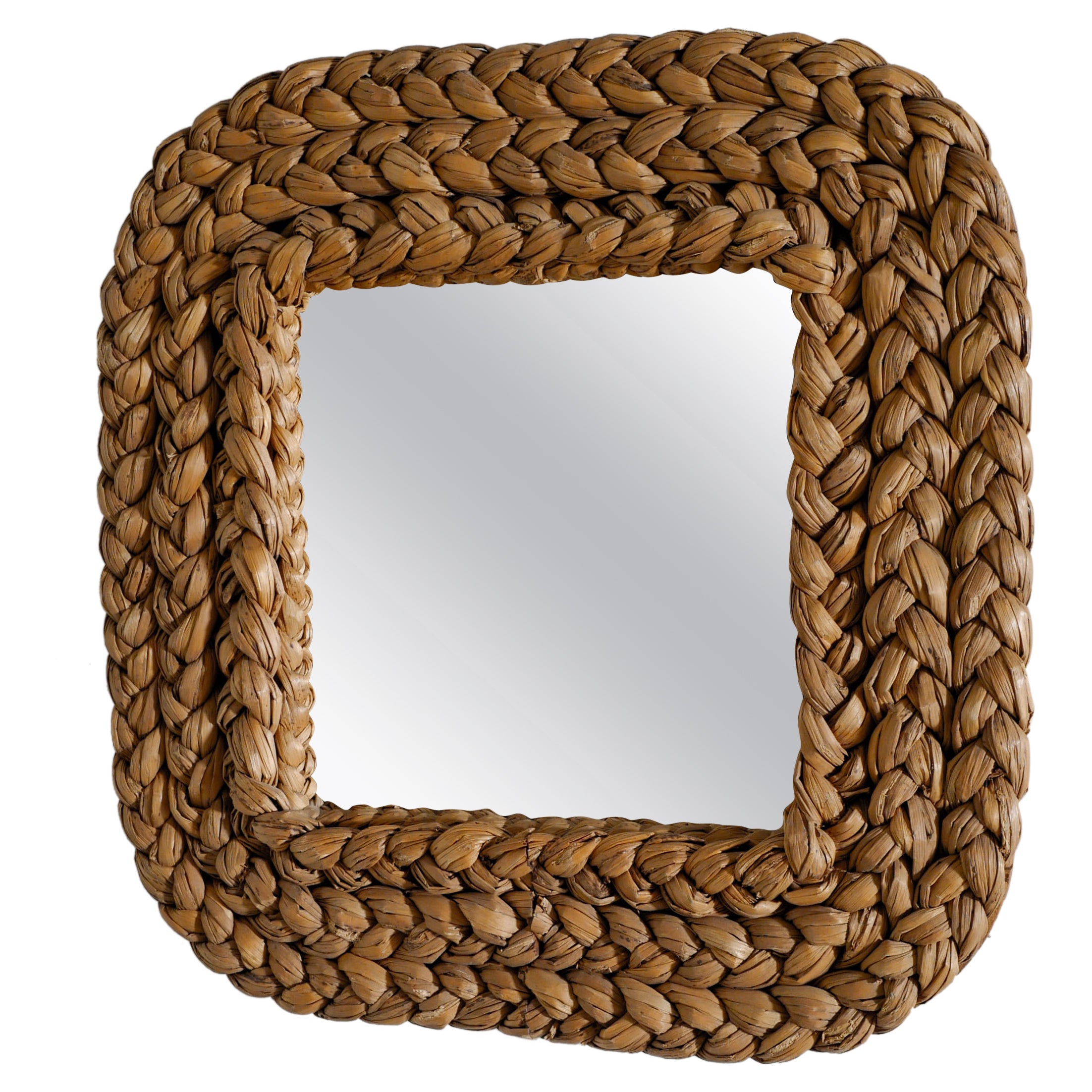 Specchio francese di metà secolo in rattan intrecciato di Adrien Audoux and Frida Minet, anni '60 in vendita