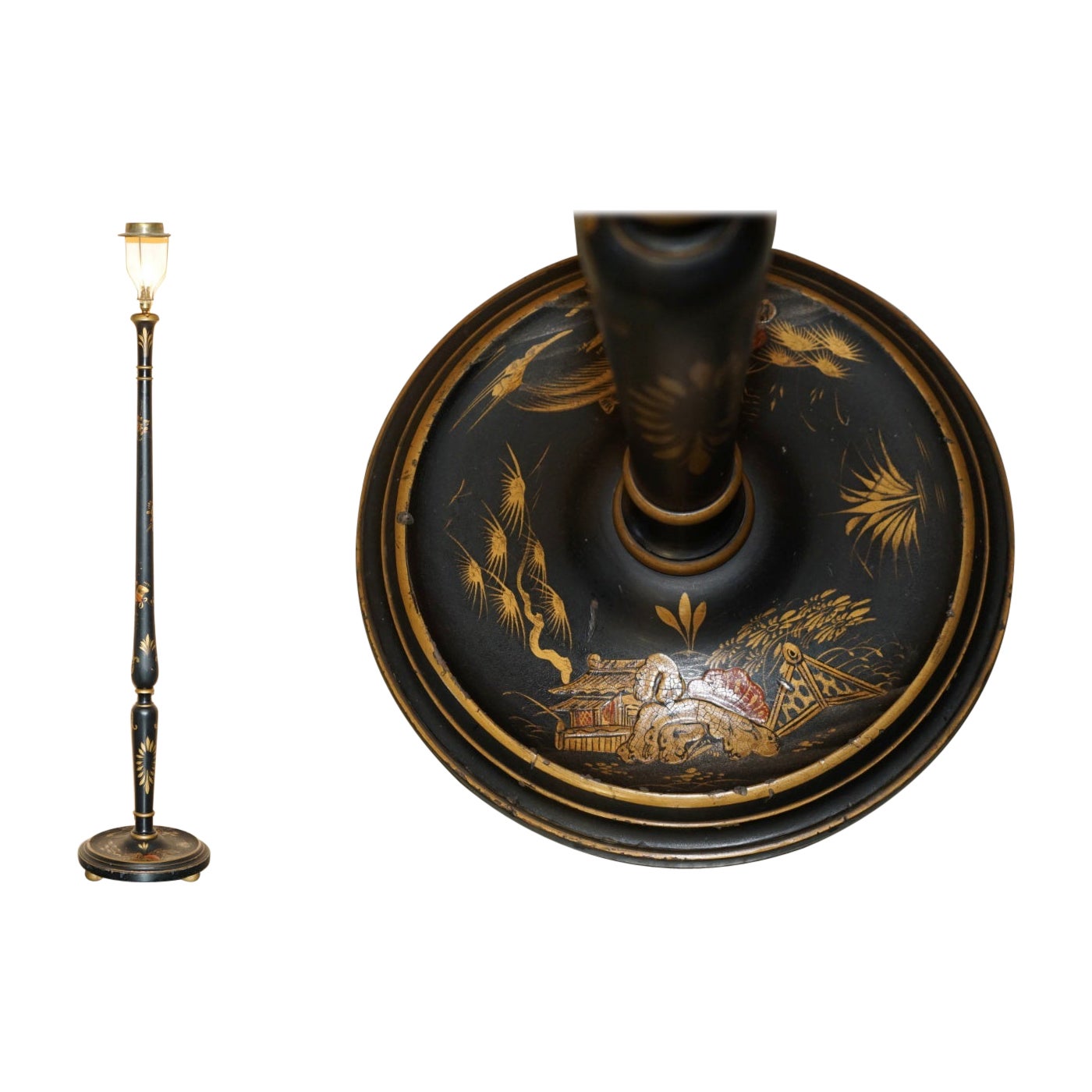 ANTIQUE CHINESE EXPORT CIRCA 1920 ANTiQUE CHINOISERIE BLACK LACQUER FLOOR LAMP