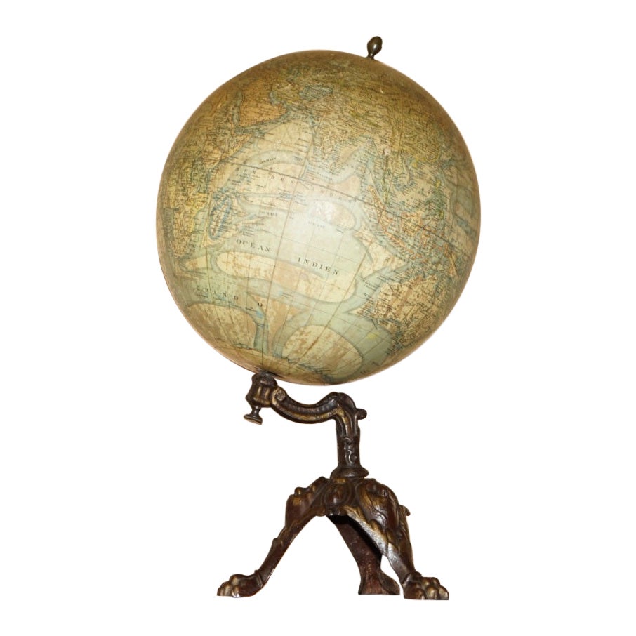 ANTiQUE CIR 1880 J LEBEGUE & Cie PARIS TERRESTRIAL LITHOGRAPHIQUE GLOBE CAST IRON