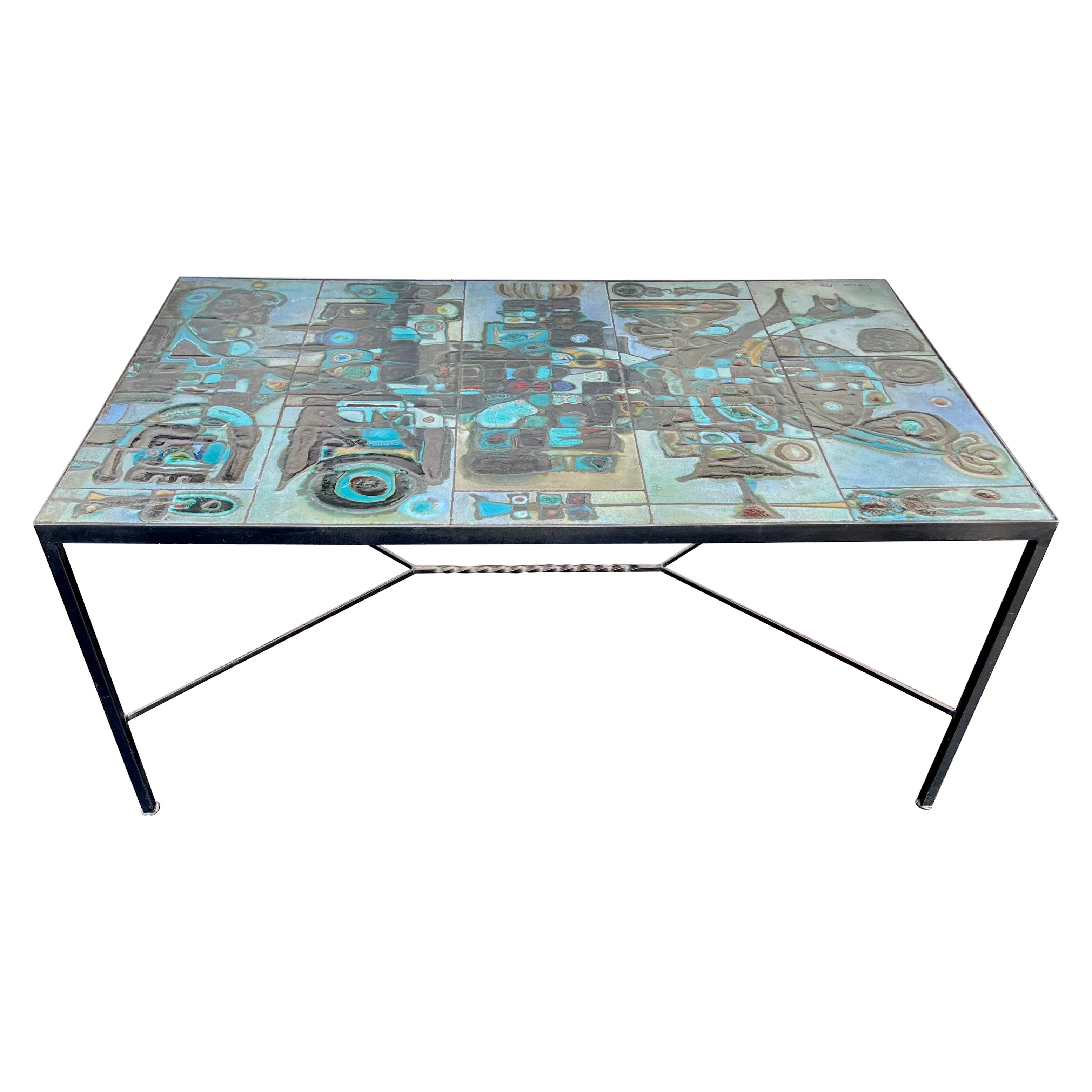 Unique Tile Top Dining Table w/ Stunning Tiles and Metal Frame, Signed, c. 1970 For Sale