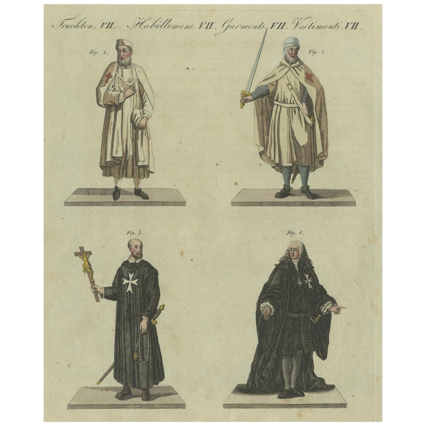 Knights Templar and Clergy: Hand-Colored Engraving of Historical Attire (1805)