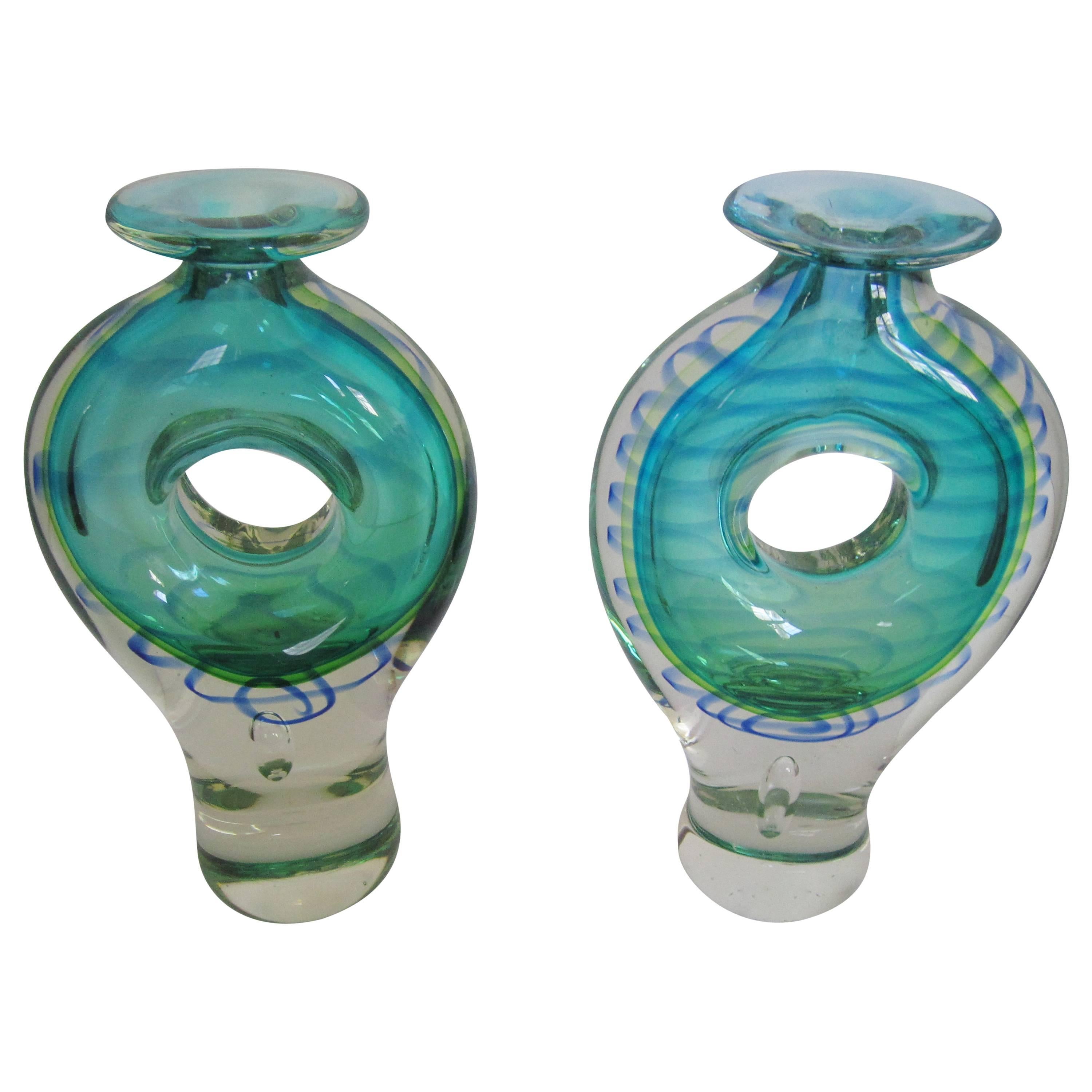 Pair of Modern Blue and Green Art Glass Vessels or Vases